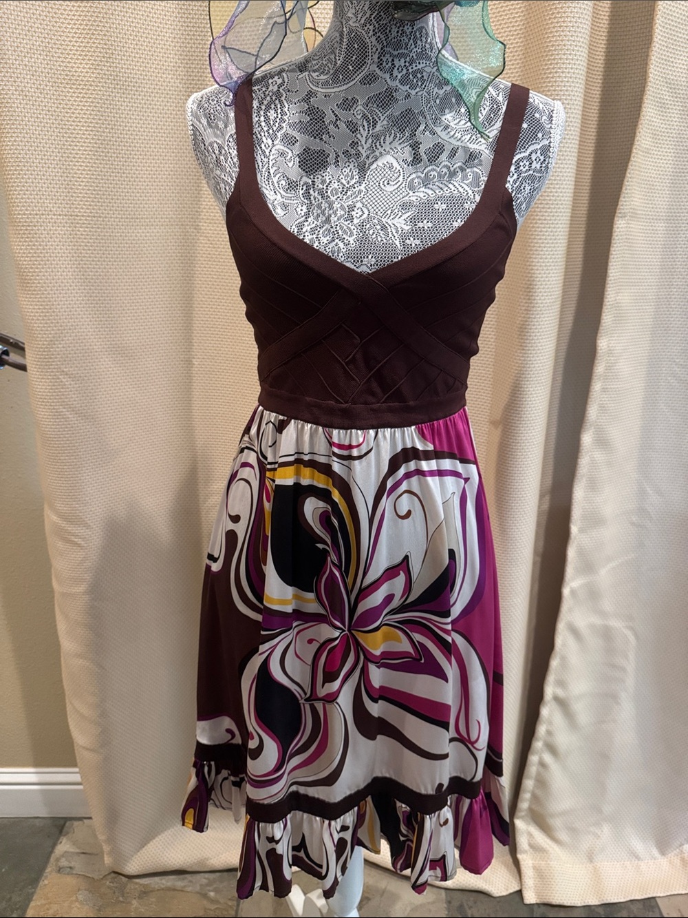 bebe Brown Bodice Floral-Print Midi Dress with Purple Accents